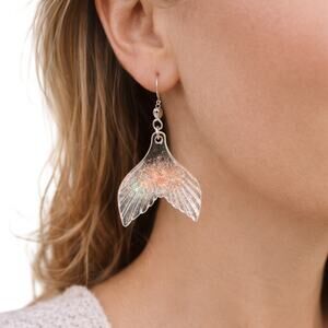 Mermaid Tail Earrings Iridescent Pink Glitter Resin Dangle